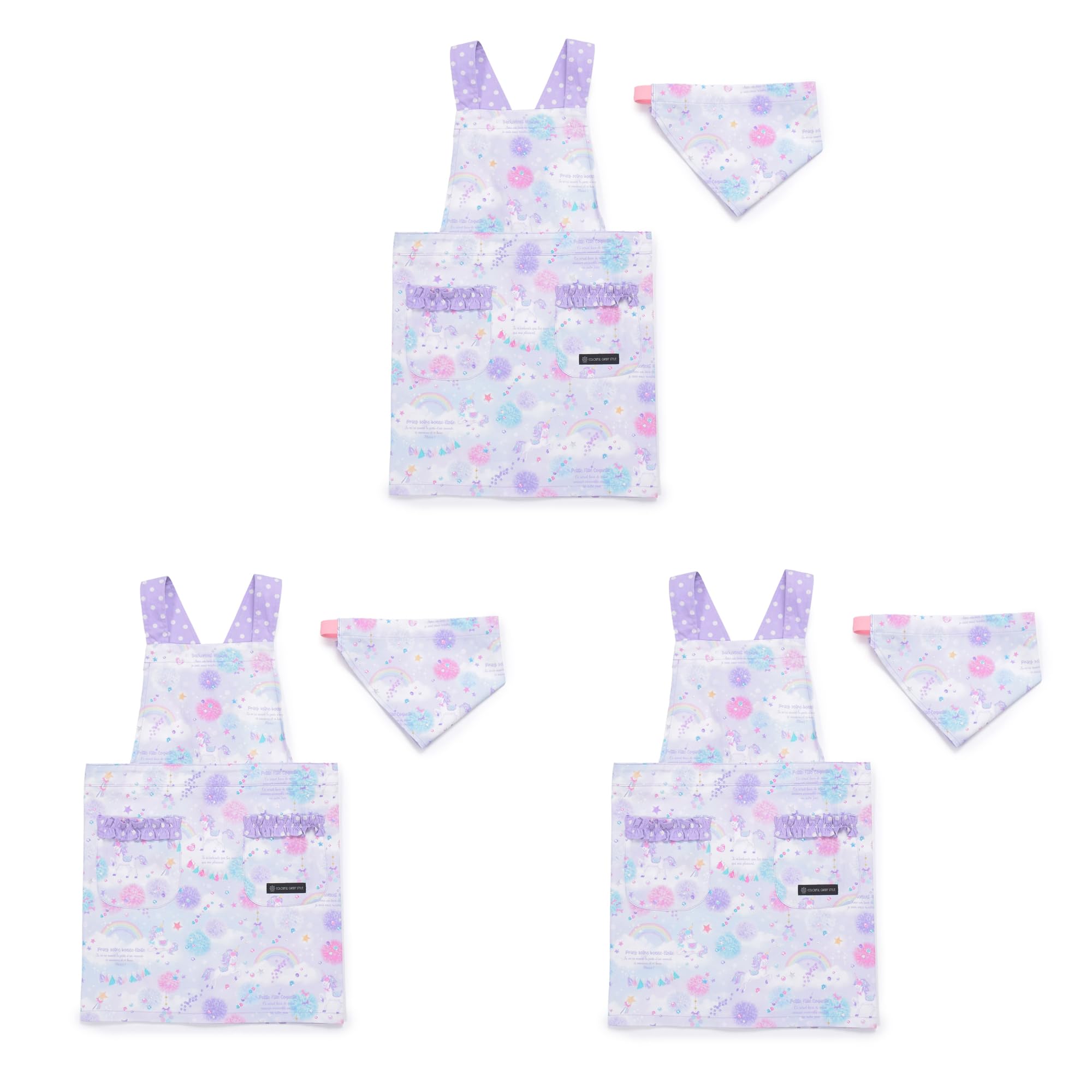 COLORFUL CANDY STYLE バッククロス子どもエプロン(100～120cm) ユニコーンファンタジー 3枚セット 女の子 かわいい 子供用 子供 こども エプロン 三角巾 セット キッズ