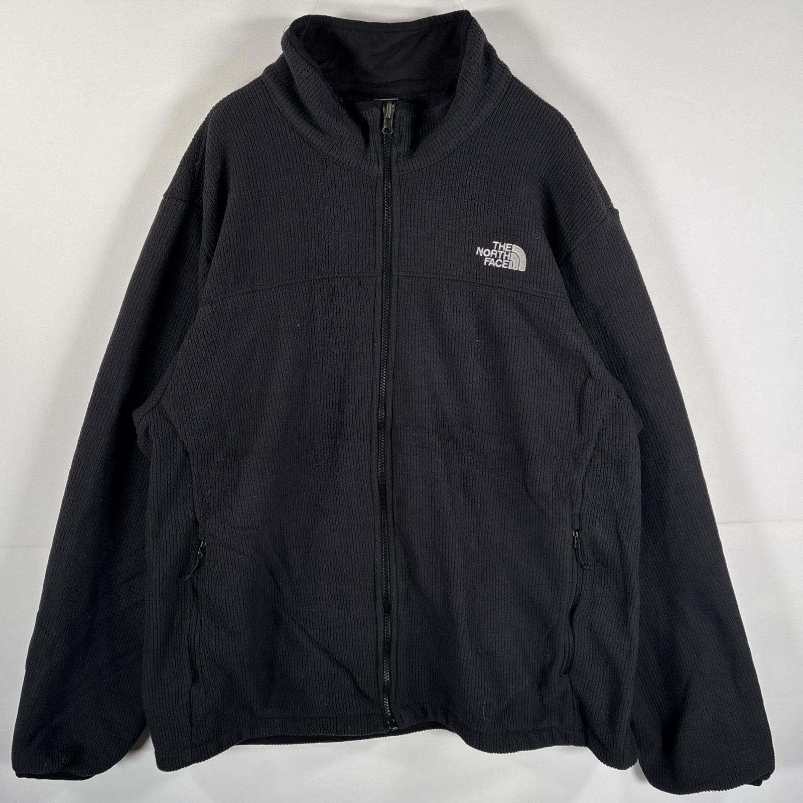 古着 フリースジャケット グリッドフリース ビッグサイズ フルジップ ロゴ刺繍 XXL ブラック メンズ