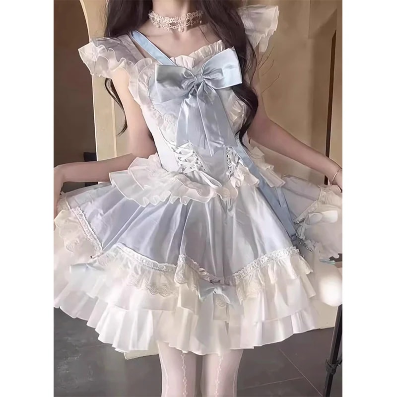 ロリータ少女フレッシュ重工フリルリボンコントラストカラーステッチレーススカート 5,458円