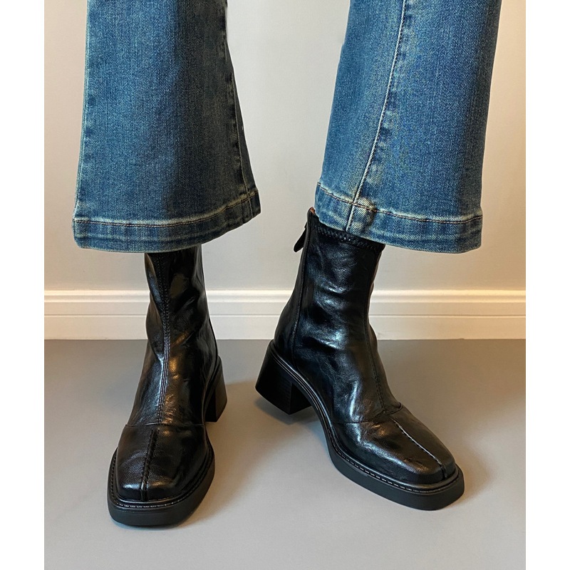 気質のある足長＆細身の牛革スクエアトゥバックジッパーブーツ女性用太ヒールローカットショートブーツ