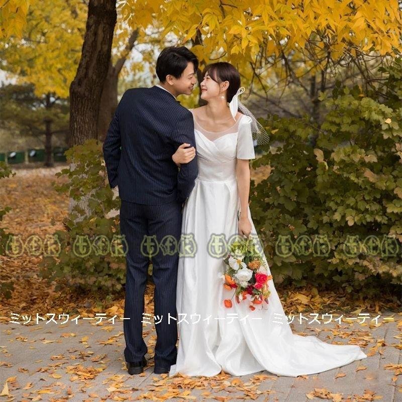 ウエディングドレス 二次会 花嫁 二次会 披露宴 結婚式 演奏会 発表会 前撮り ウェディングドレス 半袖 トレーン ロングドレス 結婚式 エレガント 白 シンプル リゾート ワンピース ガーデンフ