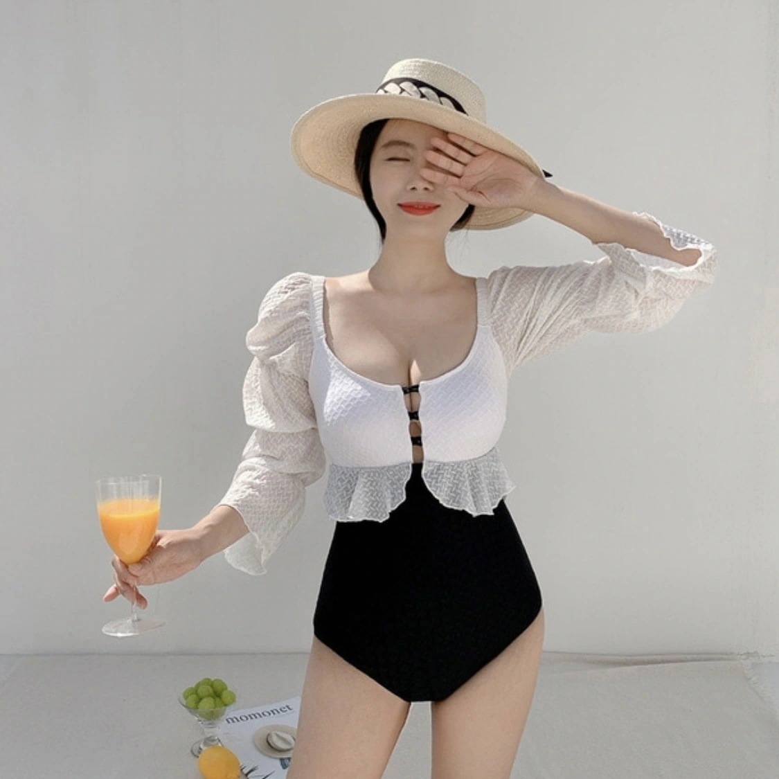 配色 白黒 長袖 ハイウエスト スリム セクシー 温泉 水着 女性