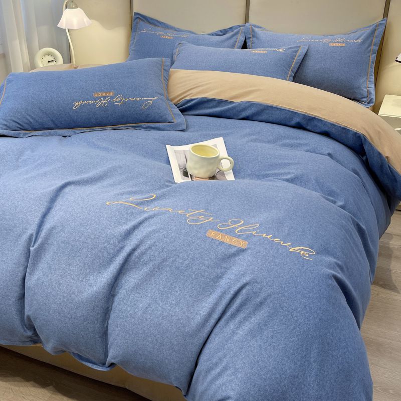 純色ダブルコットン4点セット厚手純綿研磨毛刺繍布団カバークリーム風3点セット