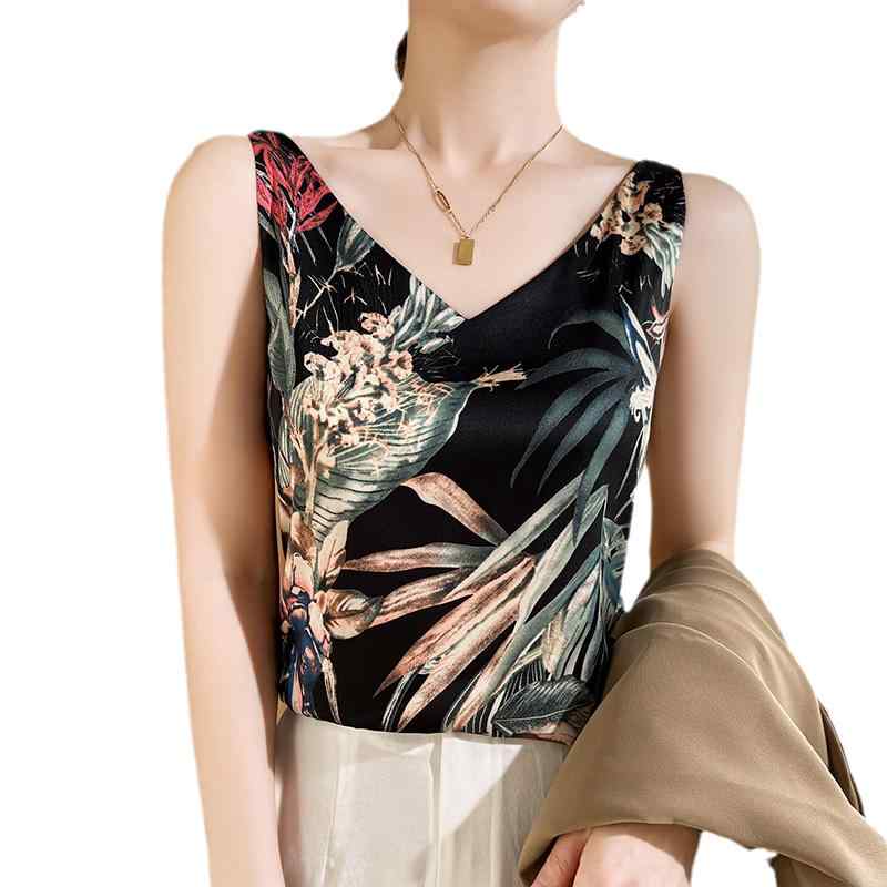 ノースリーブ きれいめ レディース 中国風 プリント Vネック キャミソール サテン 袖なし トップス スーツ インナー 通気性 柔らかい オフィス 大きいサイズ 花 蝶 柄 大人 黒 シャンパン