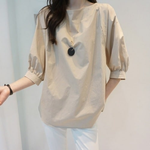 トップス レディース ブラウス シャツ S M L XL 韓国 プルオーバー パフスリーブ ミディアム ラウンドネック 七分袖 着回し 普段使い パーティー イベント オフィス ビジネス 通勤 学生