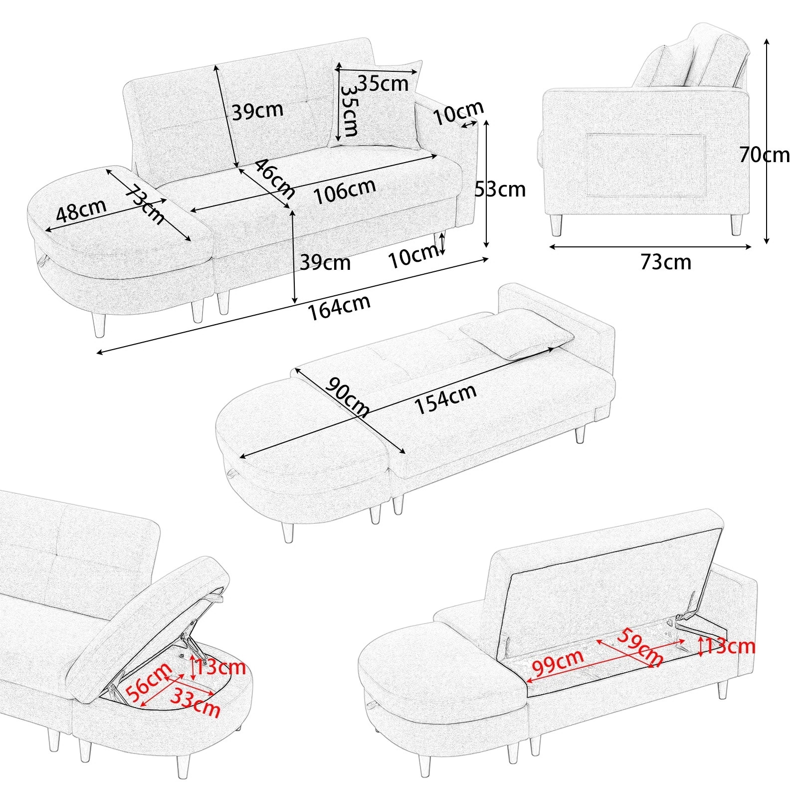 左右側とも取り付けるアームレスト オットマン付き カウチソファ C クッション1個GG2634 【国内発送】【最安値挑戦!】ソファ 多機能ソファ 2人掛け たくさん収納 ソファーベッド レイアウト自由 35,118円