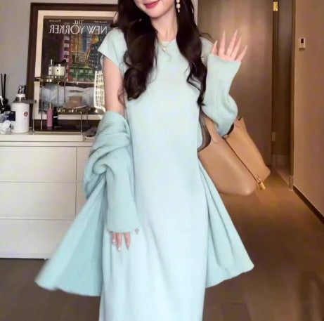 ワンピース セットアップ モテアイテム ニット カーディガン ロング丈 フレンチスリーブ ラウンドネック ワイド リブ 2点セット かわいい 大人可愛い きれいめ シンプル 大人 上品 おしゃれ