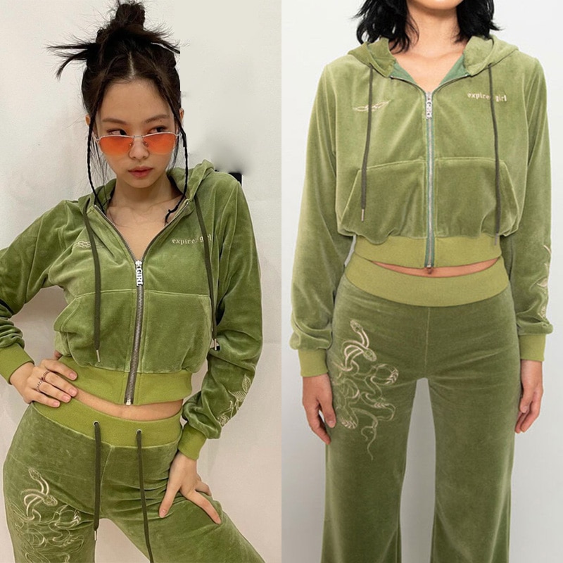 [BLACKPINK ジェニー着用]X Heeyajenny Velvet Hoodie Zip-up OLIVE 韓国ストリートファッション