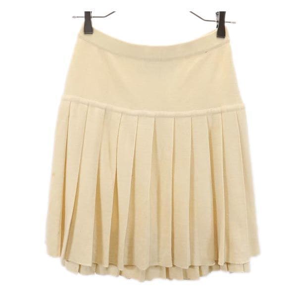 イタリア製 ミニ丈 ウールニット スカート 40 オフホワイト プリーツ切替 レディース