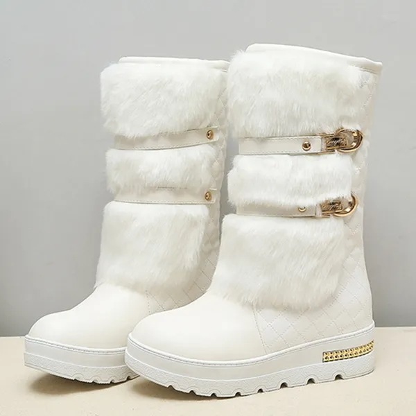 Womens Winter Boots Fashion Hidden Wedges Warm Fur Shoes Woman Platform Med-calf Snow Boots