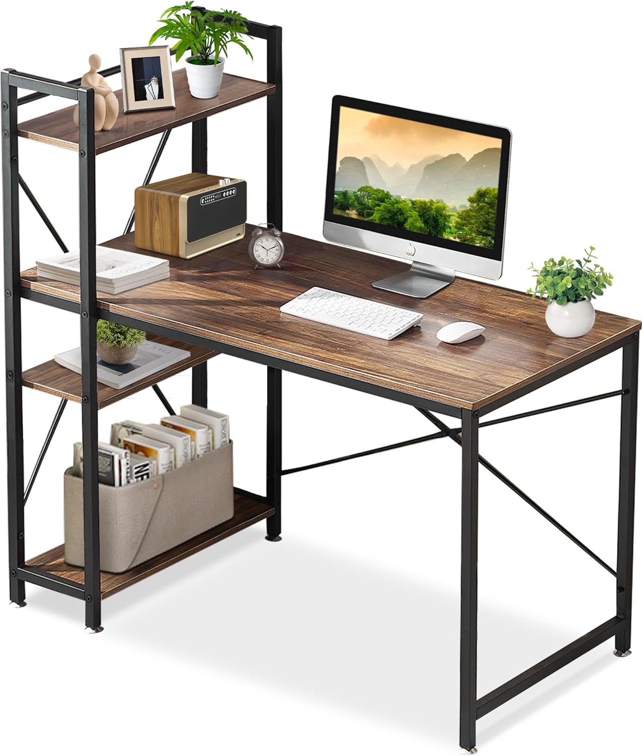 VECELO 书桌 电脑桌 电脑桌 电脑桌 居家办公桌 学习桌 办公桌 深壁螺母 带架(A4适用) 带书架 附收纳 可调节 H型 左右可替换 组装简单 宽120×深60厘米