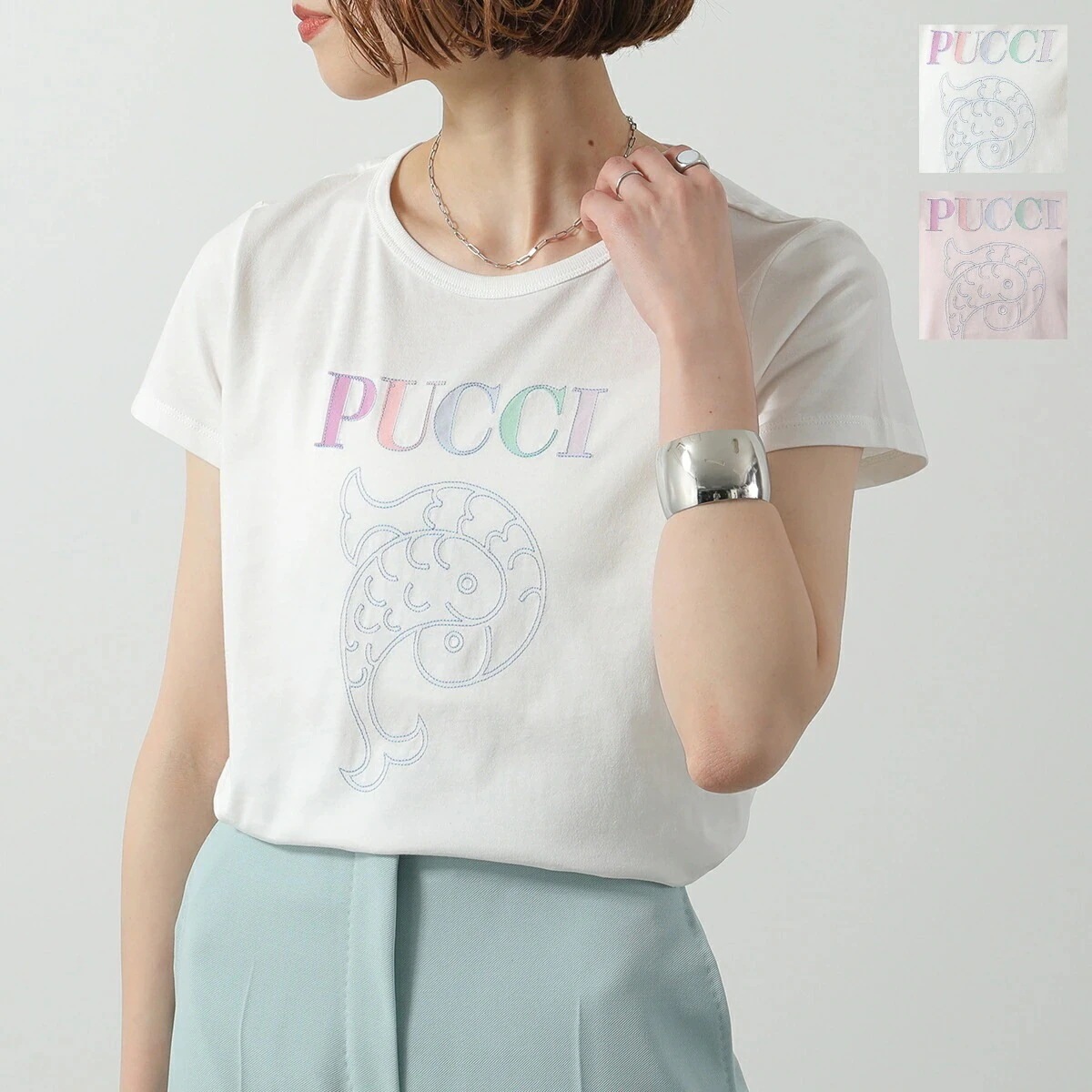 EMILIO PUCCI KIDS エミリオプッチ キッズ Tシャツ PW8A11 Z1751 レディース ガールズ 半袖 カットソー コットン クルーネック ロゴ 刺繍 カラー2色