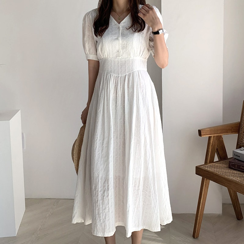 トップス ワンピース シャツワンピース フレアワンピース ミモレ ミモレ丈 ロング ロング丈 袖あり 半袖 ボリューム袖 Vネック フレア セミフレア ウエストマーク 大人可愛い きれいめ