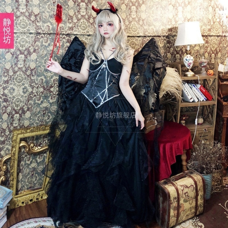緊急SALE!2枚購入で2OO円OFF!【全シリーズ発売中】ハロウィーン服装女性暗黒系悪魔花嫁長いスカート天使は精霊を装って吸血鬼恐怖ゾンビを装っています