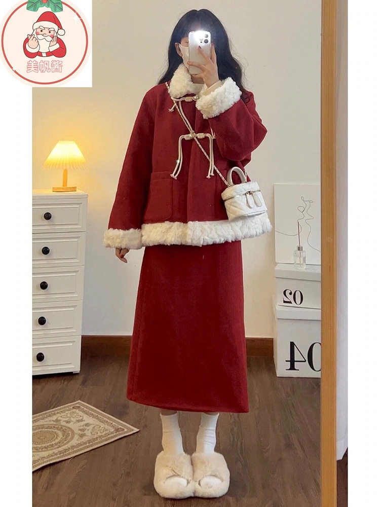 サンタコス クリスマス セット レディース 秋冬 レッド お正月 ロングスカート 2セット
