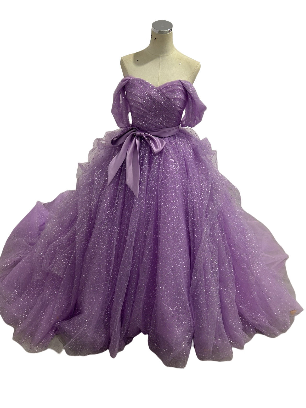 カラードレス パープル オフショルダー サッシュベルト ブライダル ラッフルフリル