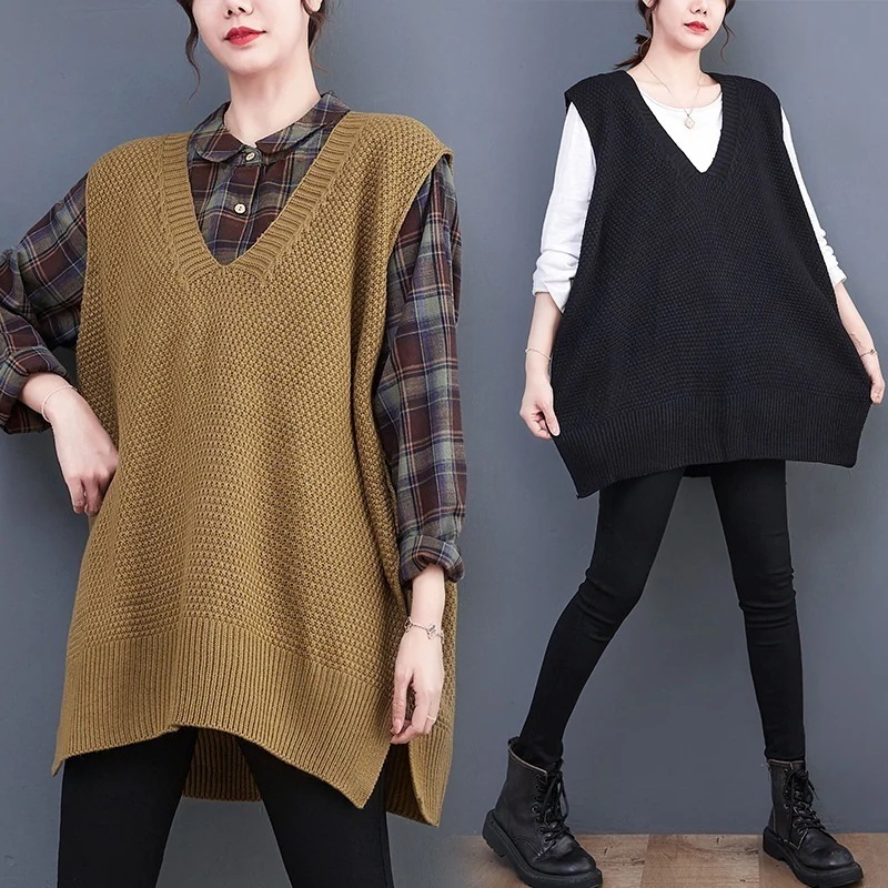ジャケット 冬アウター 大きいサイズ ニットベストＶネックゆとり スリット重ね着袖なしセーター無地トップス ベ一シックニット