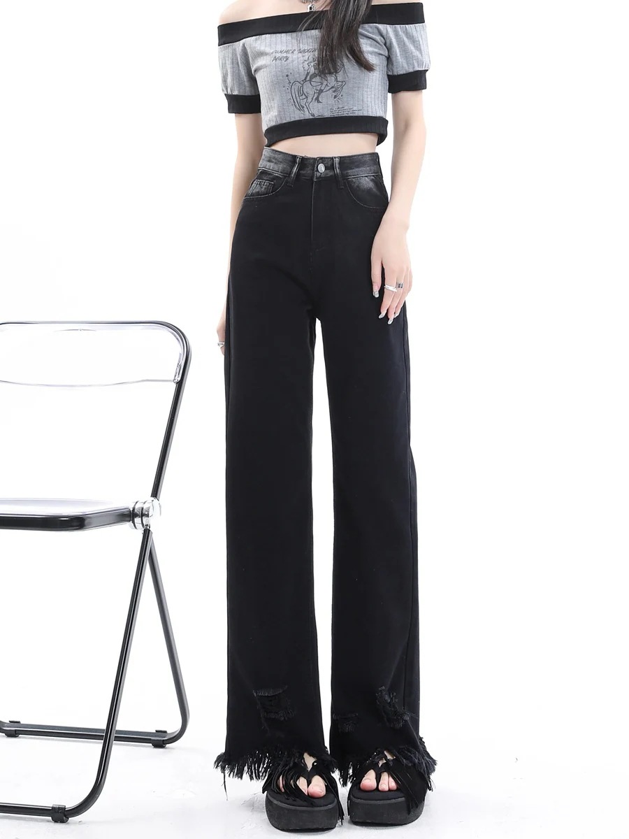 ブラック生エッジワイドレッグジーンズ女性春春冬春新タッセルデザlインセンススリムストレートドラッグパンツ