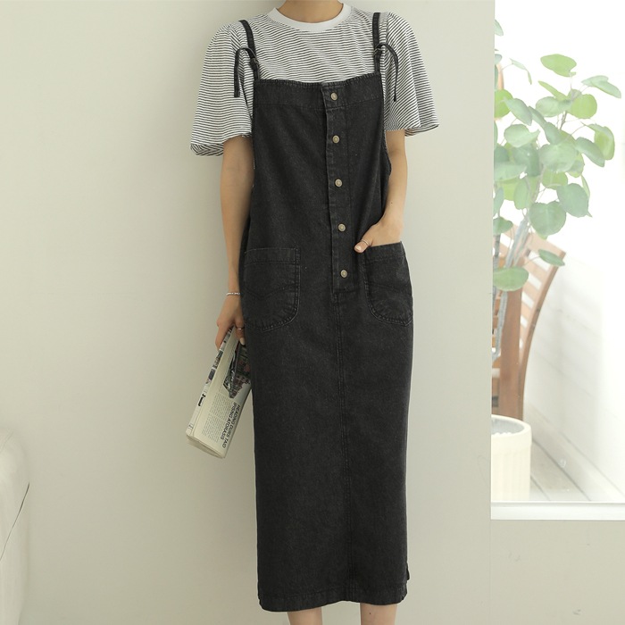 [韓国ファッション] ショルダーストラップ デニムワンピース