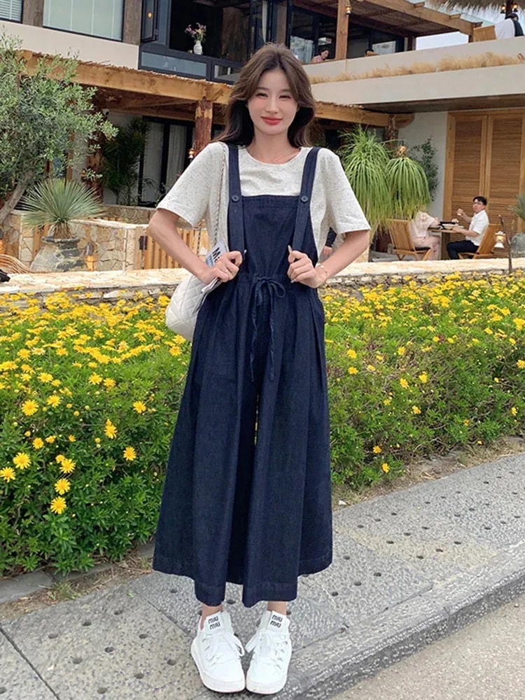 2024新作 百掛け 着痩せ サロペット デニムサロペット夏のゆったりカジュアルスリムワイドパンツオールインワンセットアップサロペット