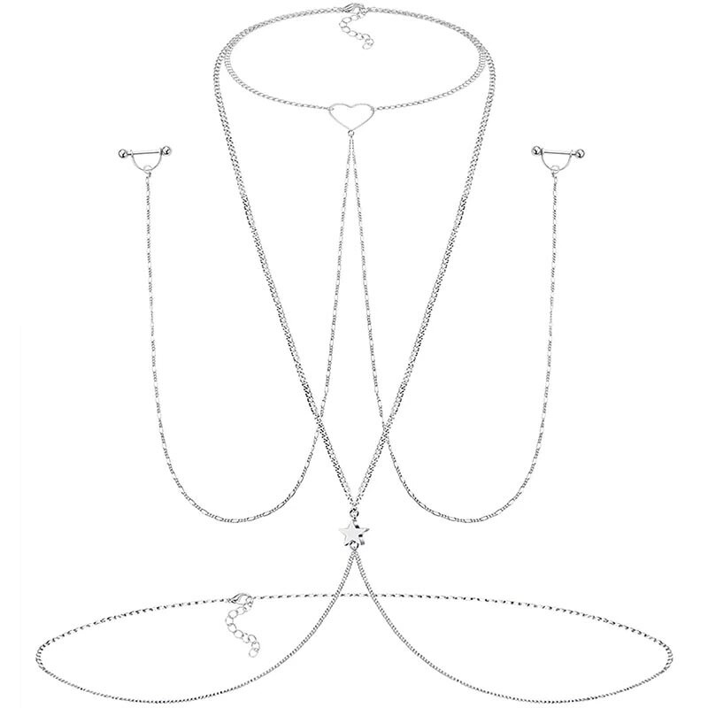 ボディピアス 14G チョーカー ニップルピアス ハートトップスターボディーチェーン 14ゲージ 乳首 鎖 ノンホール 男性 女性 アクセサリー 穴あけ不要 プレゼント 首飾り np448xxxxxx