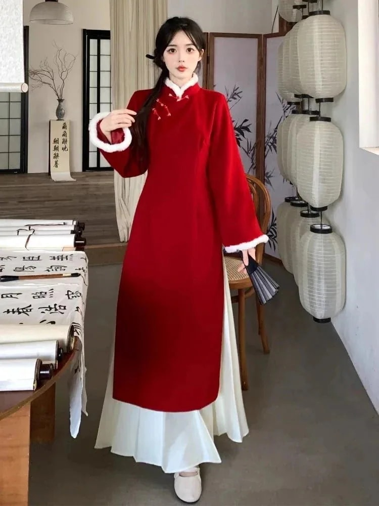 大きいサイズ太mm新風レトロドレス女性秋冬スリムチャイナドレス馬スカート2点セット100kg