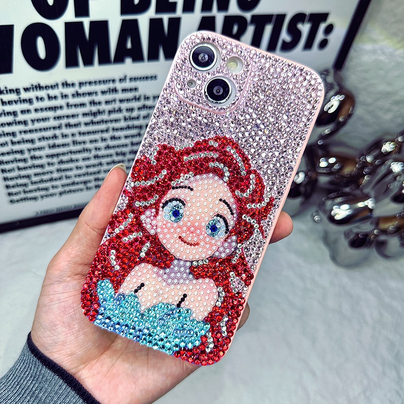 手作り iPhoneケース アリエル・ディズニープリンセス キラキラのラインストーン iPhone16/15/14/13/12/11ケース Plus Pro Max デコ電ケース
