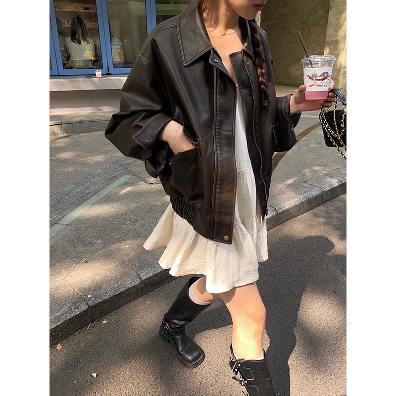 秋のレトロメタリックレザージャケットルーズジャケットトップスレディースa3510
