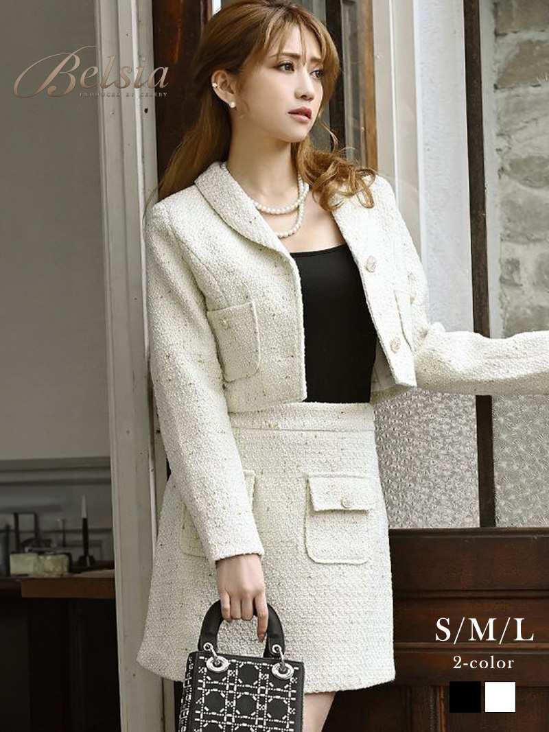 キャバスーツ MIXツイード ゴールド ボックス ボタン フォーマル ショート丈 2way セットアップ 式スーツ キャバスーツ Belsia 7,379円