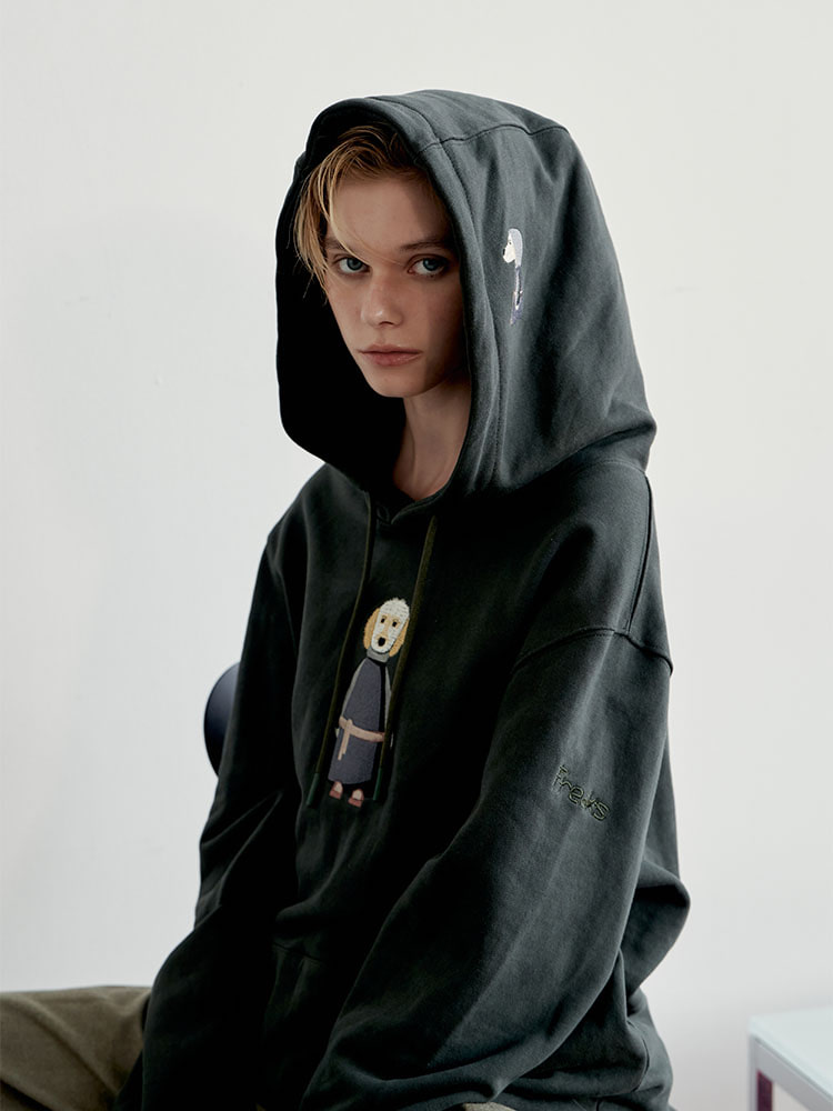 강아지 자수 유니섹스 면 쭈리 후드 맨투맨_차콜