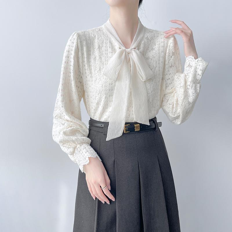 ブラウス リボン ボウタイ レース シャツ レディース 秋冬 暖かい トップス レーシー ファッション 上品 エレガント