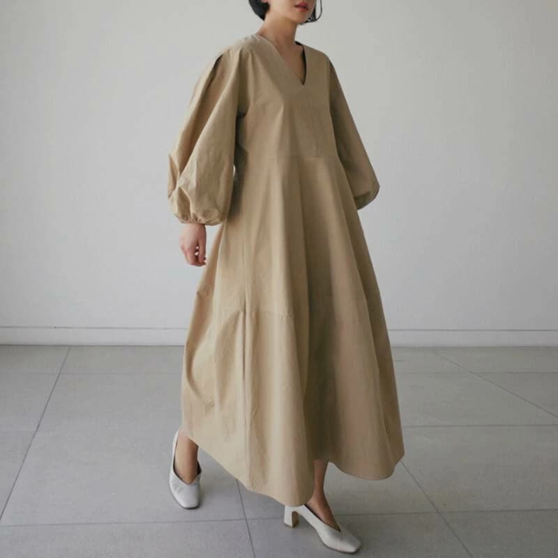 新规入荷続々 ワンピース ドレス フレアワンピース マキシ丈 バルーンスリーブ ランタンスリーブ 長袖 オーバーサイズ ワイド Aライン Vネック リラックス リゾート コットン ナチュラル 大人女子