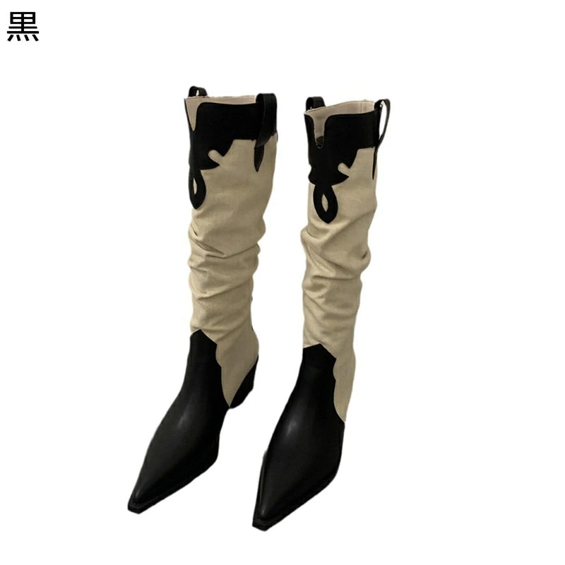 ウェスタンブーツ ドレープブーツ パッチワーク コンビ レディース ロングブーツ ジョッキーブーツ ミドルヒール ポインテッドトゥ 粗いかかと 秋 冬 耐摩耗 歩きやすい オシャレ シンプル