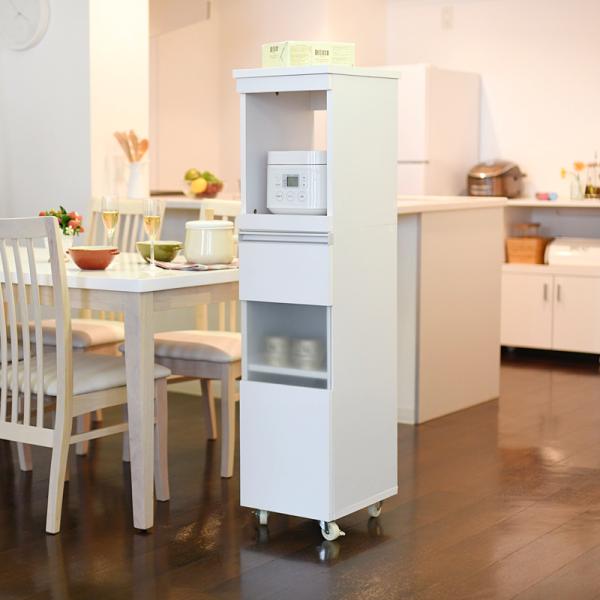 キッチンラック キッチンワゴン スリム 収納棚 食器棚 細い コンパクト スライド キャスター 炊飯器 家電 収納 コンセント2口 可動棚 扉付き ホワイト シンプル