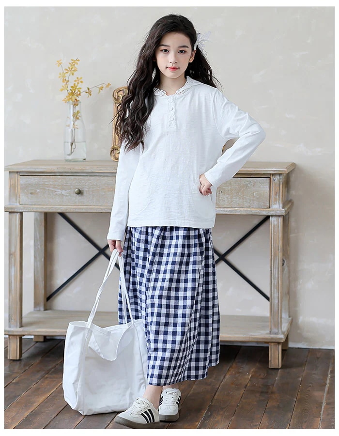 韓国子供服 女の子 セットアップ 春秋 上下セット キッズ 長袖Tシャツ チェック柄 ロング丈スカート おしゃれ 2点セット 学生 ガールズ 春服 秋服 通学着 イベント 誕生日 結婚式 呼ばれ