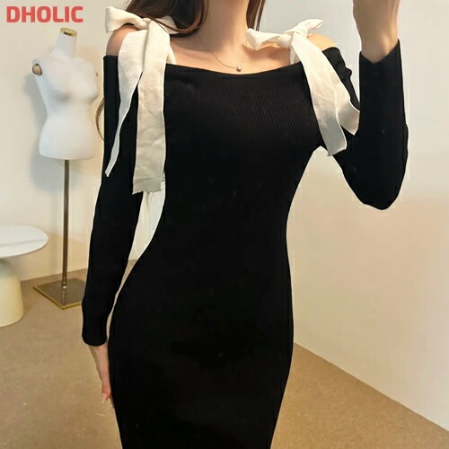 [メガ割りSALE]配色リボンオフショルニットワンピース