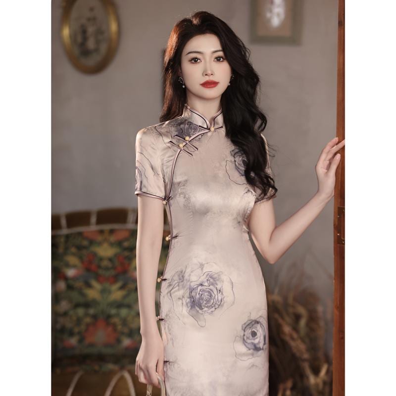 チャイナドレス レディース ワンピース 夏 若々しい 女の子 エレガント ジャカード サテン ベージュ