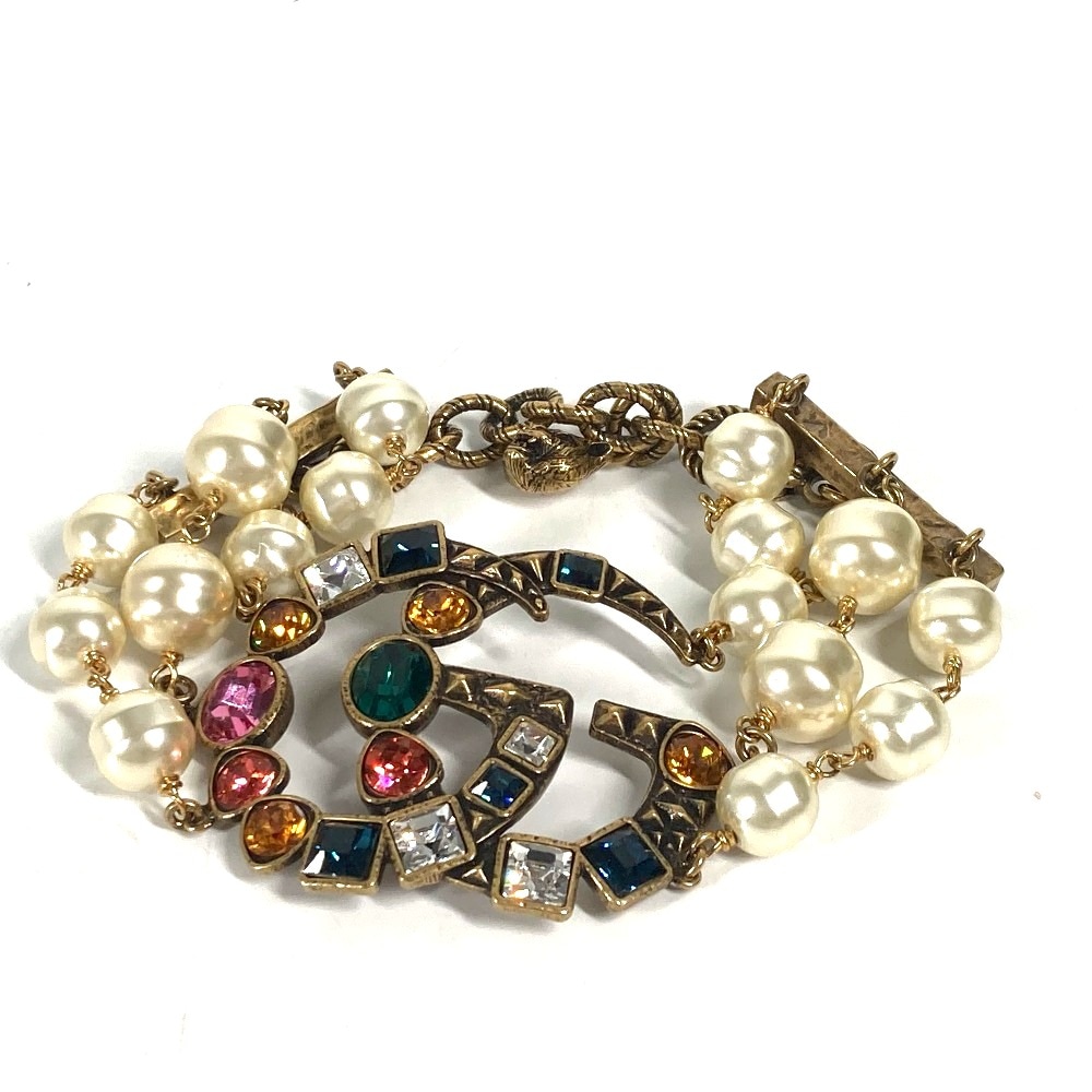 ブレスレット カラーストーン フェイクパール ラインストーン 3連 ダブルG バングル アクセサリー メタル ゴールド×マルチカラー