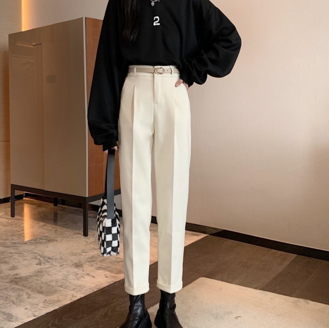 ボトムス パンツ レディース 韓国 着やせ 個性的 ハイウエスト 大人可愛い きれいめ カジュアル 無地 謝恩会 ロングシーズン ママ オフィス OL 通勤 学生 通学 デート 美脚 脚長 着回し 5,206円