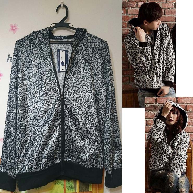 ペアルック カップル ペアパーカー 即納 薄手 ユニセックス 豹柄 レオパード 秋 春 ハラコ調 ベロア NTS-9Z0002 フード付き ブルゾン パーカ グレー系