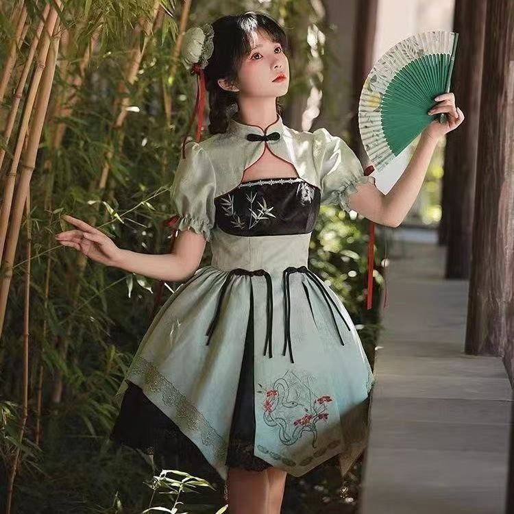 チャイナ風ワンピース ワンピース コスチューム 文化祭 jsk イベント用品 ボウタイパーティー衣装 レースロリータドレス 刺繍 カップ付きワンピース