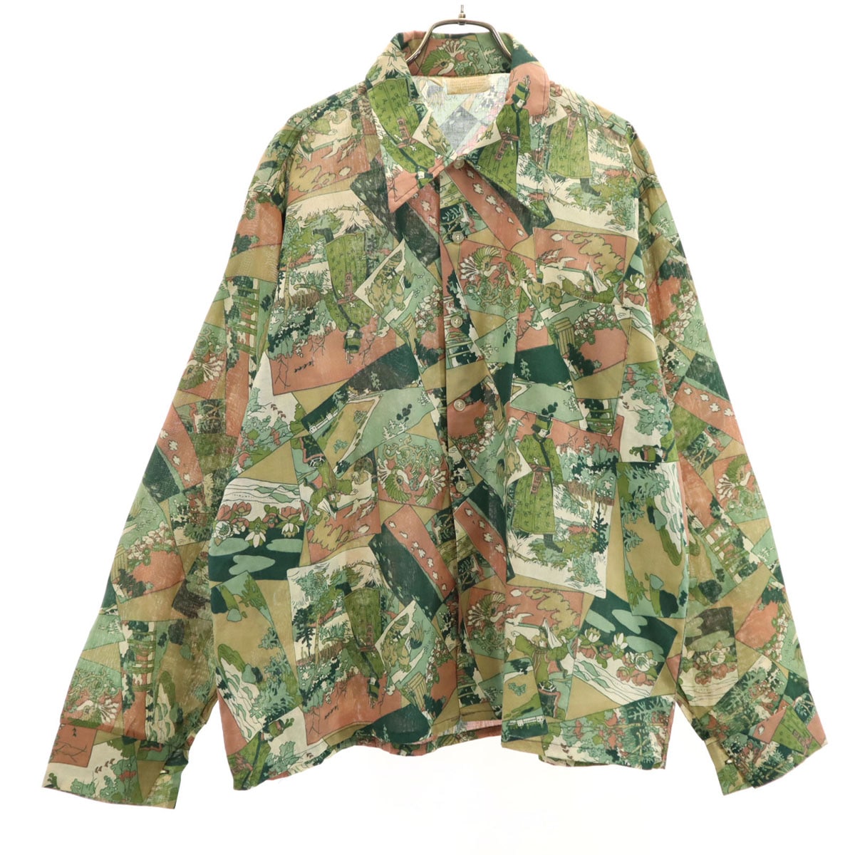 PERMA PRESSED 70s ヴィンテージ 総柄 長袖 シャツ XL グリーン系 メンズ 古着