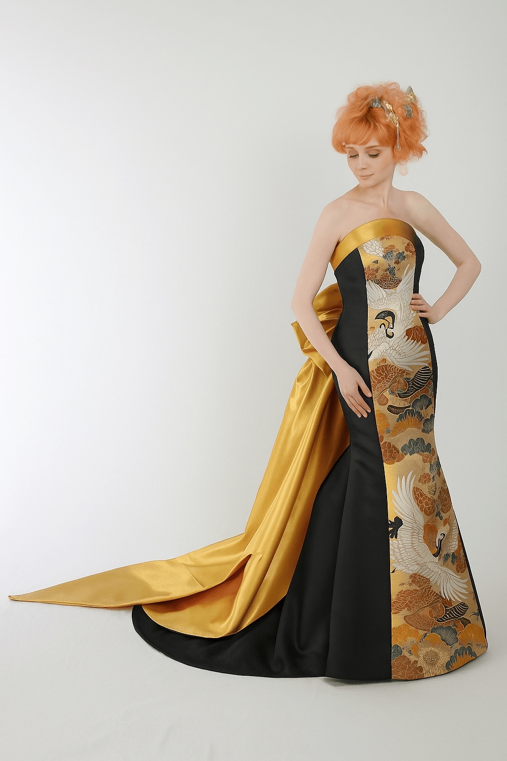 金鶴着物リメイク着物ドレス和風ドレス 高品質！ 精緻な刺繍 ふっくら柔らかなバックリボン ビスチェドレス 結婚式