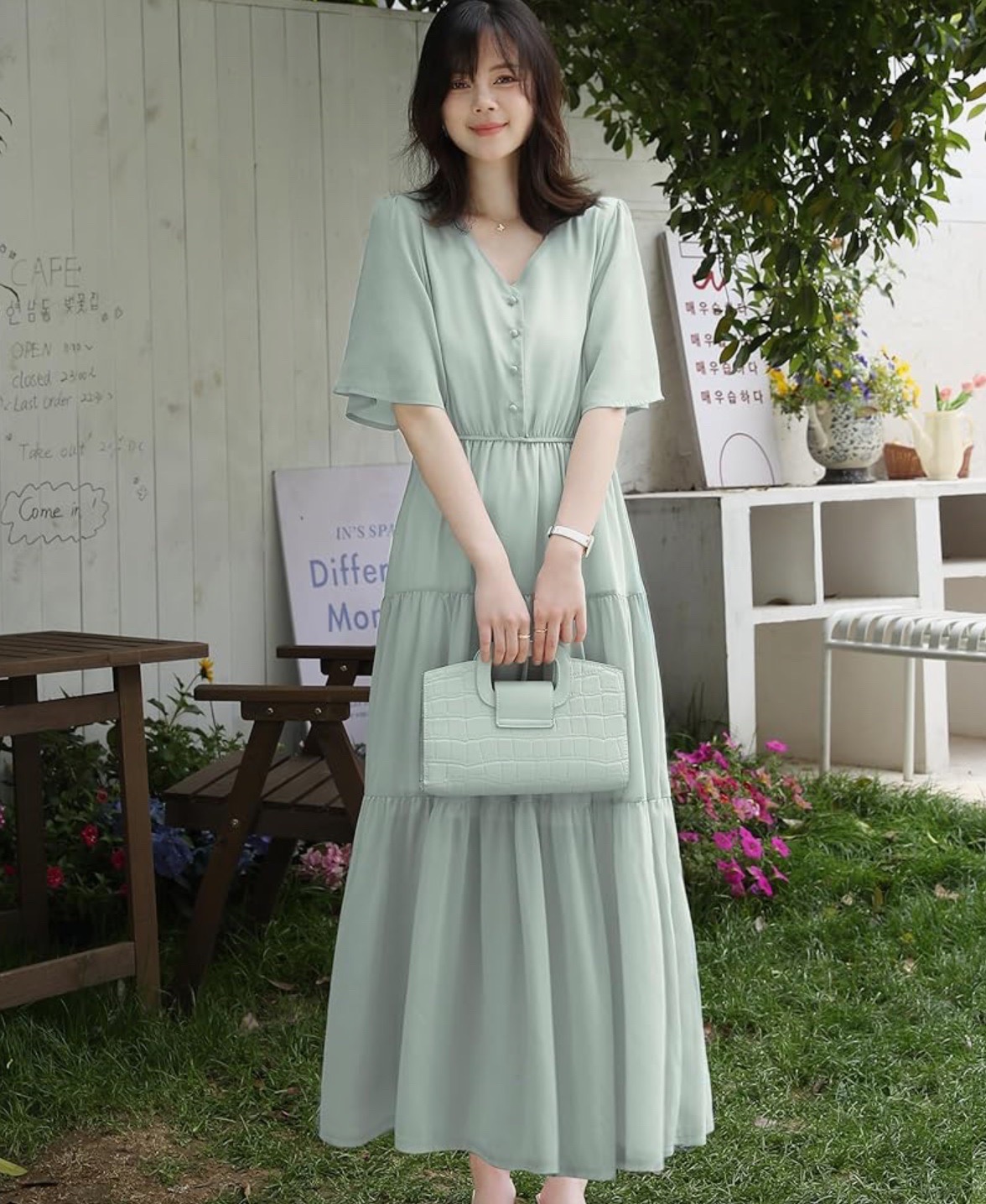 レディース ロングワンピース 半袖 フレアスリーブ