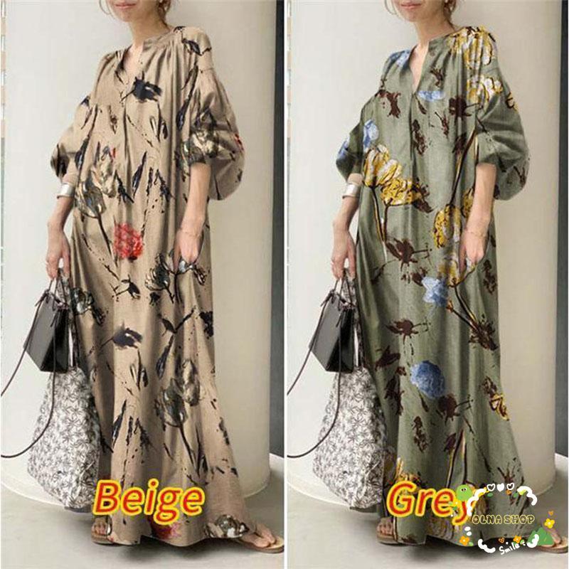 ワンピース ロングワンピース レデイーズ 花柄 きれいめ 七分袖 マキシ丈 シャツワンピース 春 夏 秋 綿麻風 リネン 体型カバー 着痩せ 大人 30代 40代 50代