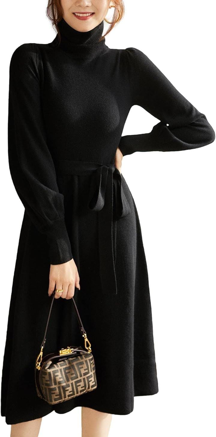 ウエストリボン ニットワンピース ミディ丈 タートルネック パフスリーブ 長袖 ダークカラー JS38-BK-S(ブラック, S) 6,318円