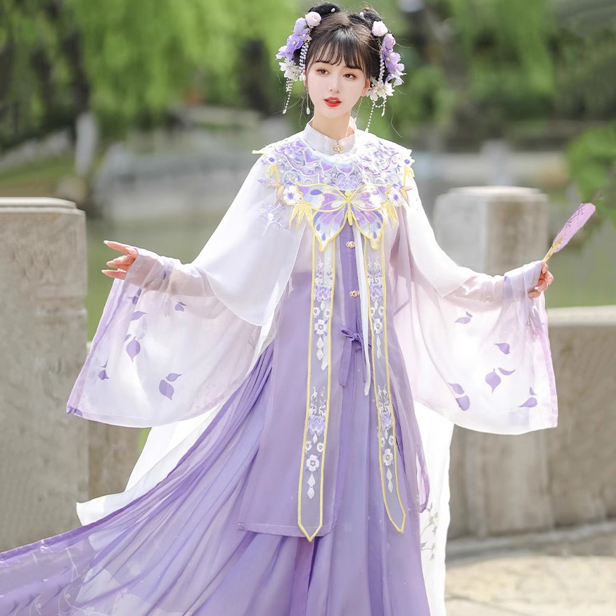 漢服女性の古代の衣装クリアカラークラウドショルダー紫色の腰までの長さのアンダースカートマント春と夏超妖精とエレガント
