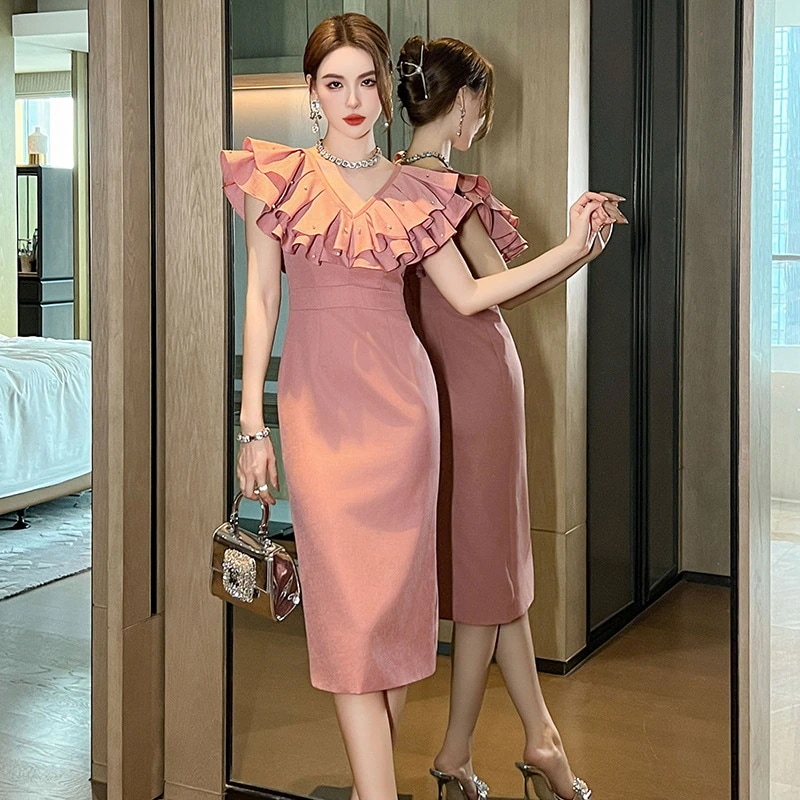 2024夏新品 フリル 2way オフショルダー ローズピンク ワンピース 誕生日 ドレス パーティー キャバ 着痩せ 大人 同窓会 披露宴 卒業式 結婚式 演奏会 ウェディング 二