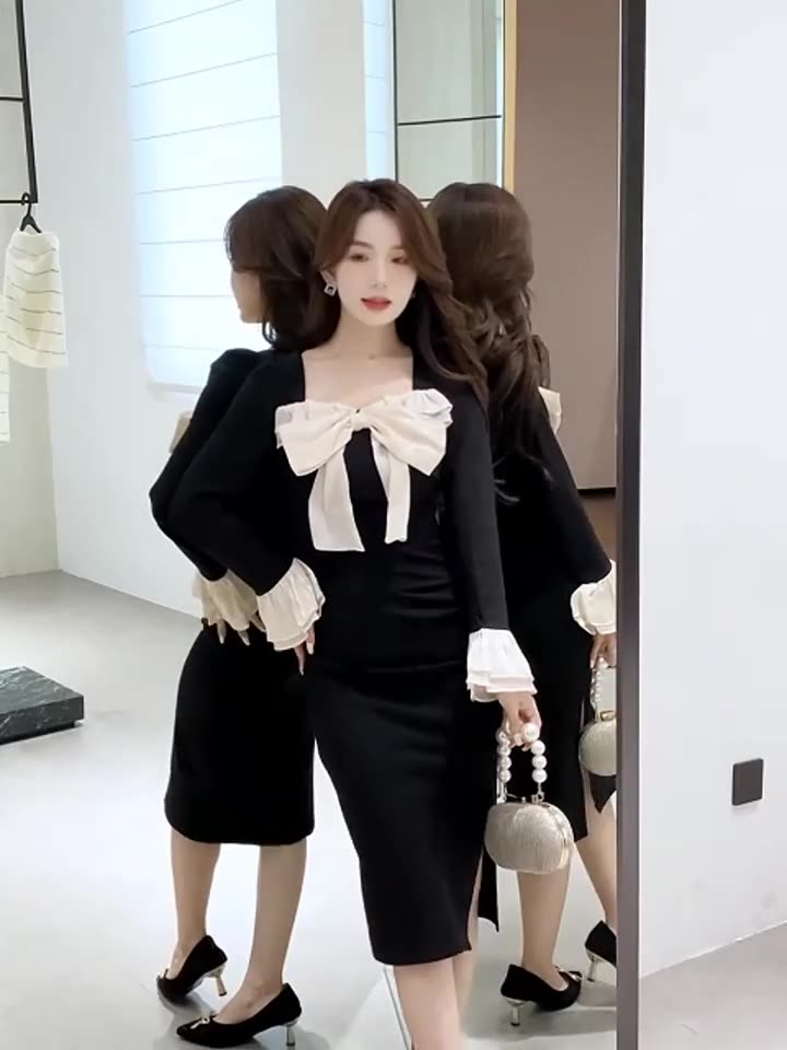 ワンピース セクシー スクエアネック 蝶結び スリム タイト 秋