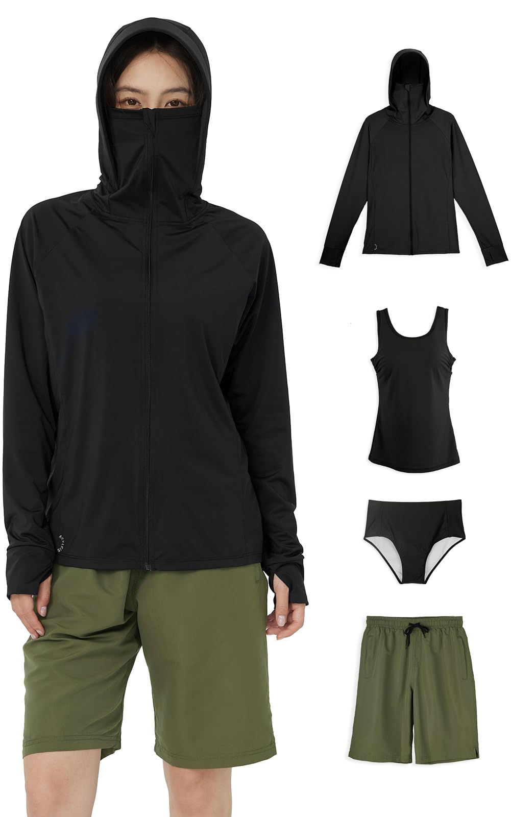 [アクレイス] 水着 レディース ラッシュガード 上下セット 体型カバー セパレート タンキニ 長袖 4点セット フード付き パーカー uvカット uv upf50+ プール 海 海水浴 サウナ ヨガ